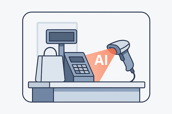 Minimalist cashier scanner beaming 'AI' to symbolize prediction in retail